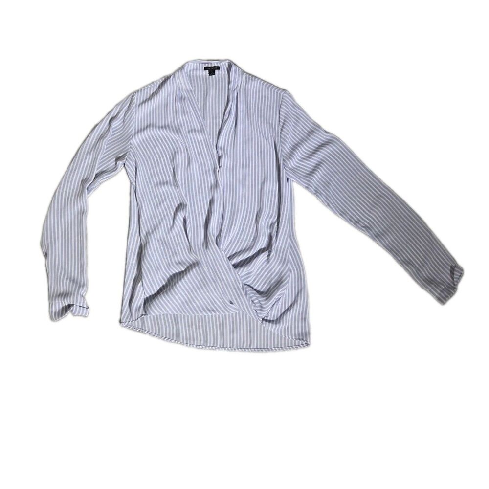 Ann Taylor Blue White Striped Surplice Wrap Front Blouse Long Sleeve Womens XS